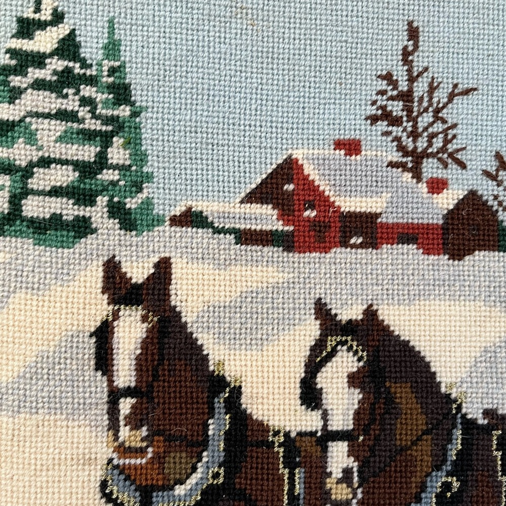 VTG Needlepoint Clydesdale Horses Winter Wagon Snow - Picture 7 of 7